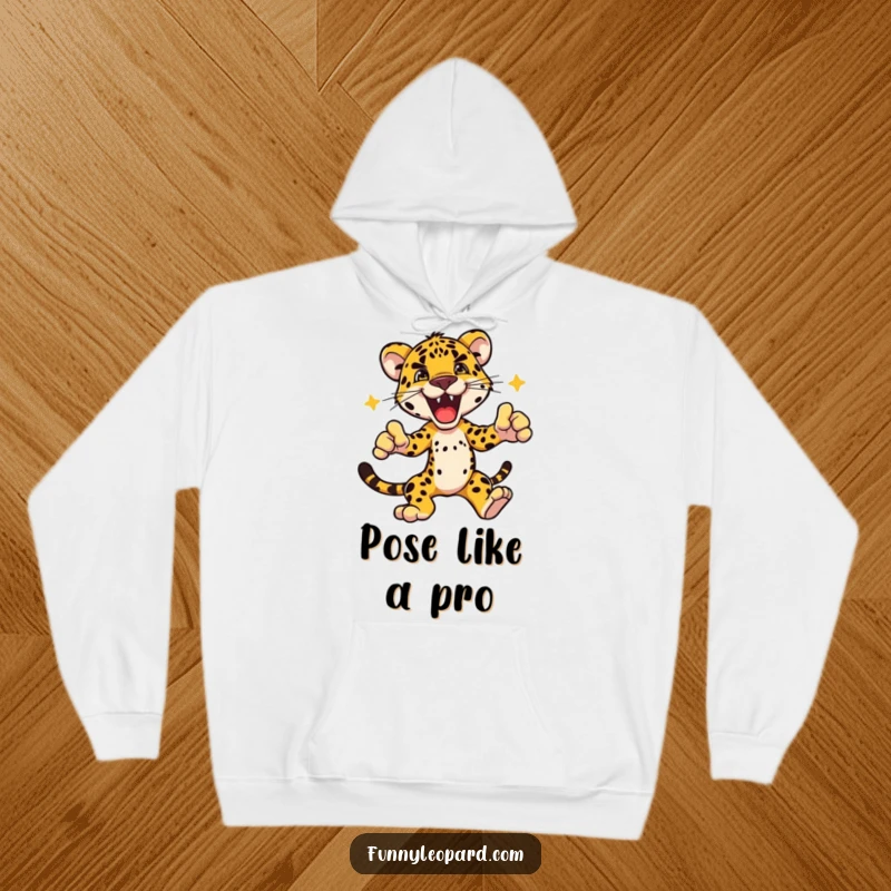 Funny hoodie showcasing a fierce leopard character in an electrifying dynamic pose, perfect for cooler weather and bold personalities.
