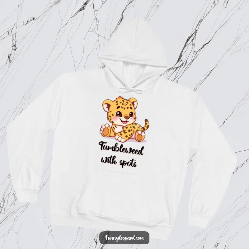 Funny hoodie with a playful leopard cub character rolling contently with a big, happy grin, perfect for relaxation.