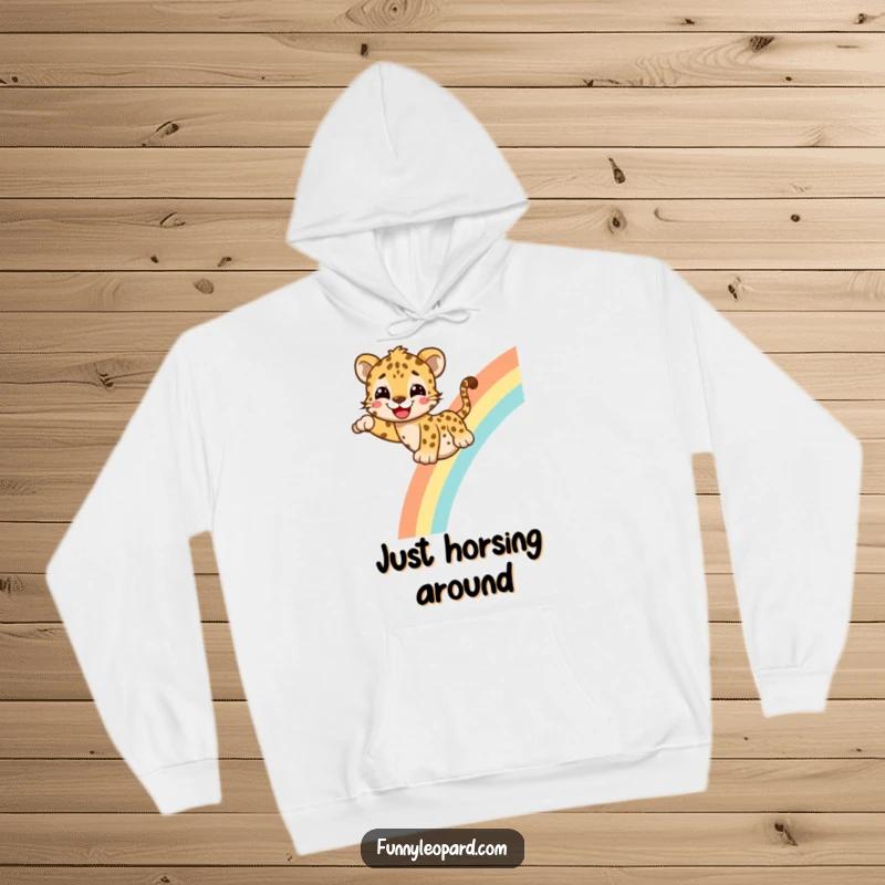 Funny Hoodie depicting a happy leopard sliding down a rainbow with a cheerful grin, offering warmth and a humorous dose of joy.