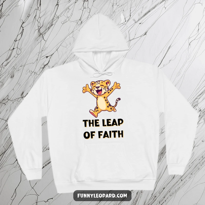 Funny hoodie depicting a stylized leopard character executing an impressive, energetic leap, conveying pure athletic joy and freedom.