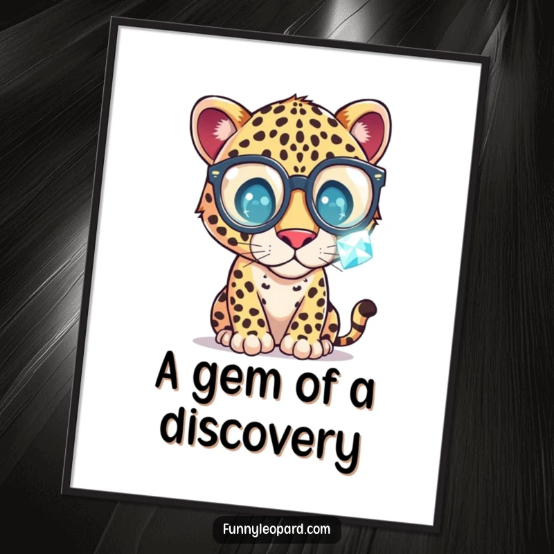 Funny Free Printable Wall Art: A whimsical leopard in oversized glasses examines a dazzling gemstone with intense, curious focus.