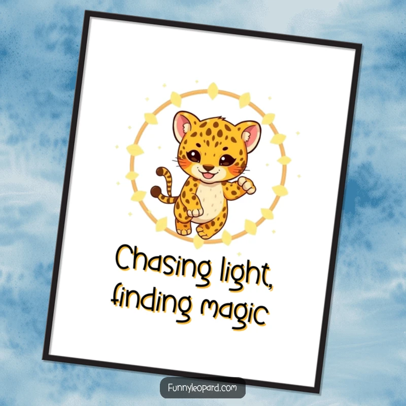 Funny Free Printable Wall Art: A playful leopard cub gracefully leaps through a hoop of luminous, magical fireflies.