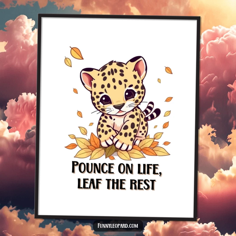 Funny Free Printable Wall Art depicting a cute leopard cub energetically pouncing on a pile of colorful autumn leaves.