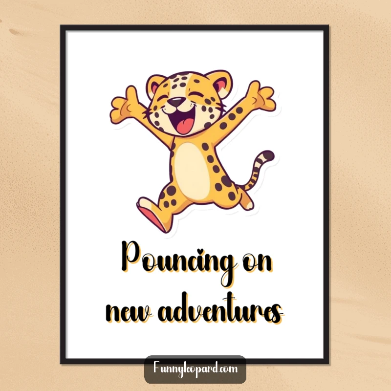 Funny Free Printable Wall Art: A stylized leopard character performing an energetic, joyful leap high into the air.