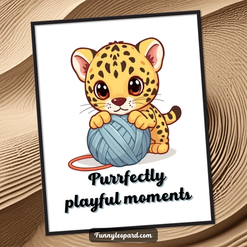 Funny Free Printable Wall Art: A cute leopard cub with big, innocent eyes playfully pounces on a ball of colorful yarn.