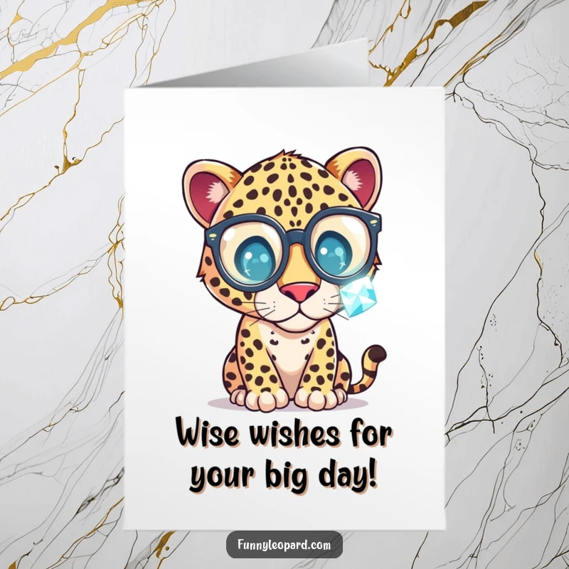 Funny Free Printable Birthday Card: Whimsical leopard in big glasses intently inspects a glittering gemstone with fascination.