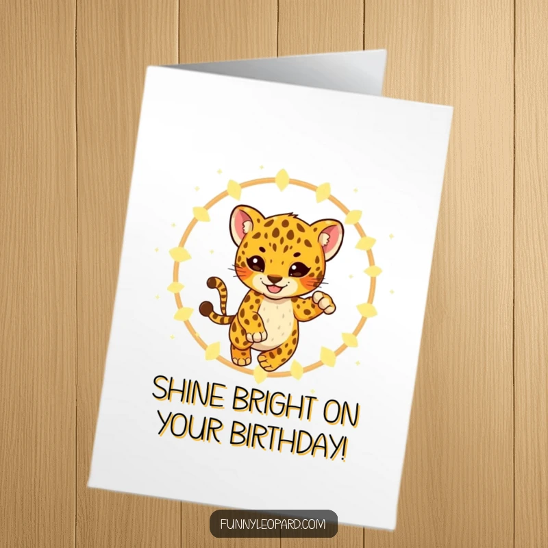 Funny Free Printable Birthday Card: A playful leopard cub leaps joyfully through a hoop of bright, glowing fireflies.