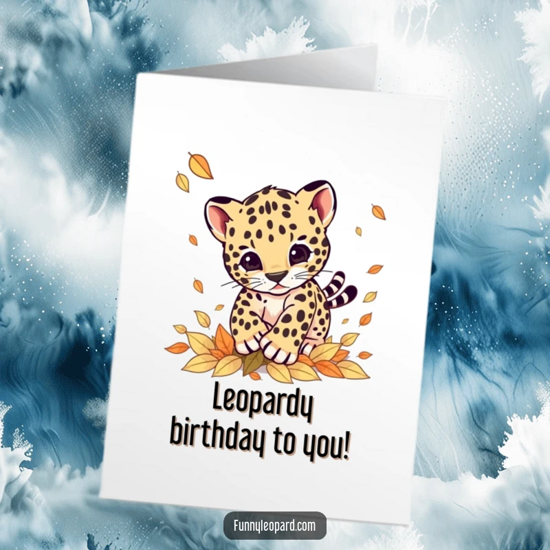Funny Free Printable Birthday Card featuring a cute leopard cub leaping joyfully amidst falling autumn leaves.