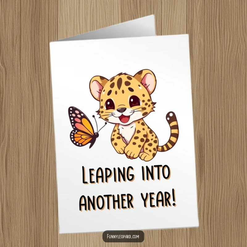 Funny Free Printable Birthday Card: A happy leopard cub cub playfully pounces on a butterfly, ready for birthday fun.