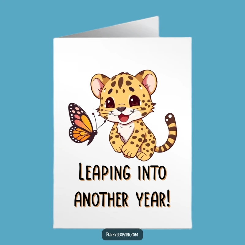 Free Printable Birthday Card: Pouncing Leopard Cub Funny Downloadable Gift for Kids