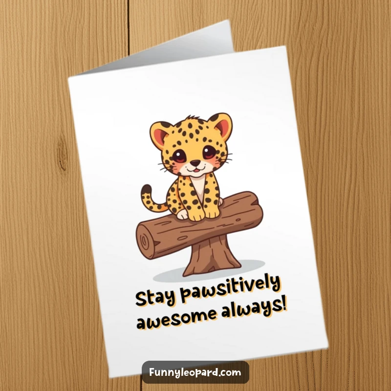 Funny Free Printable Birthday Card showing a cute leopard cub wobbling playfully while balancing on a fallen log.