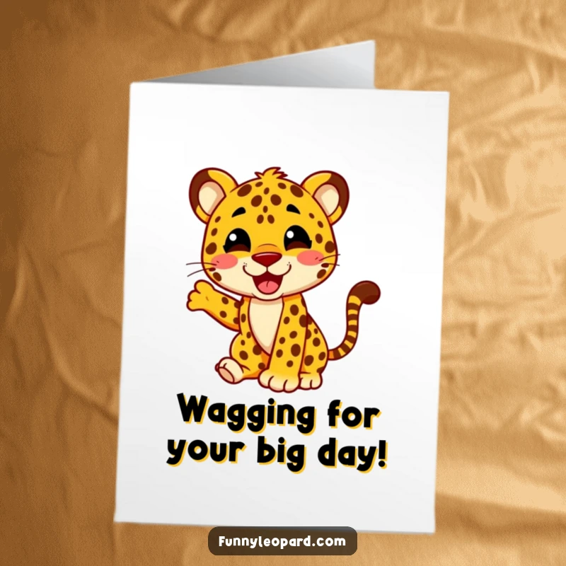 Funny Free Printable Birthday Card showing a leopard character's tail wagging furiously with absolute glee and excitement.