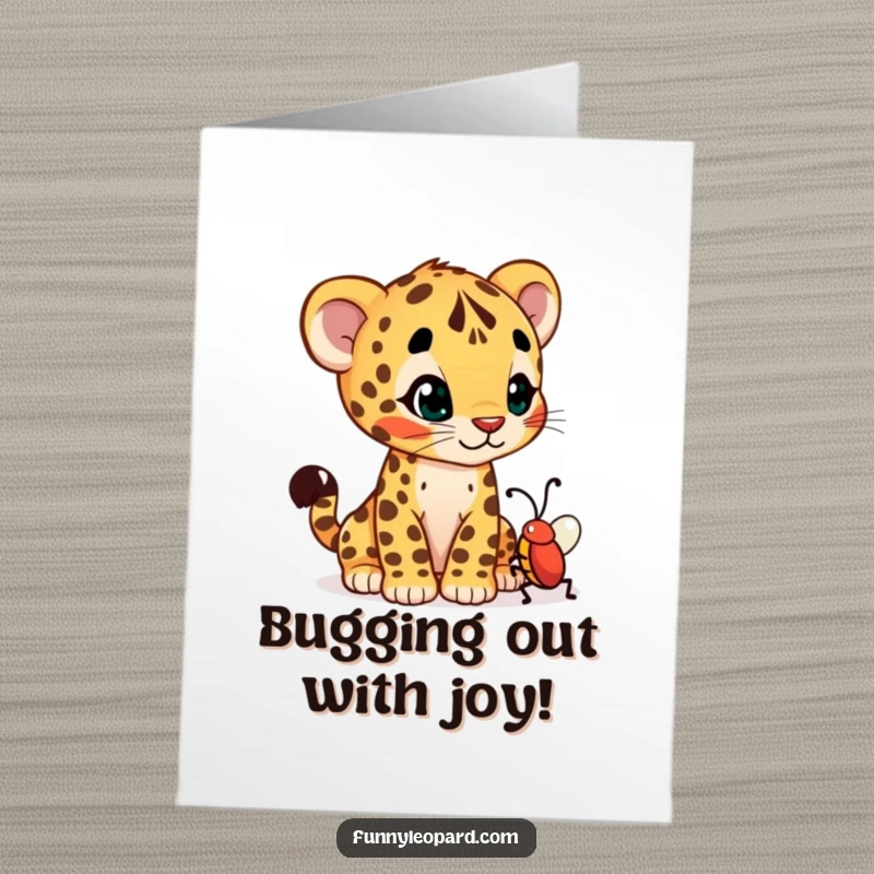 Funny Free Printable Congratulations Card: A curious leopard cub cub tilts its head, intrigued by a wiggling bug.