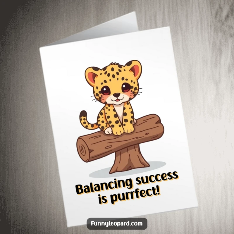 Free Printable Congratulations Card featuring a leopard cub skillfully balancing on a log, celebrating a well-earned success.