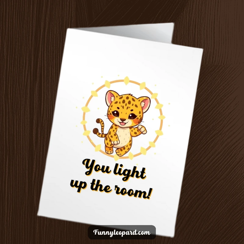 Funny Free Printable Congrats Card: A playful leopard cub leaps through a magical hoop of glowing fireflies, celebrating a big win.