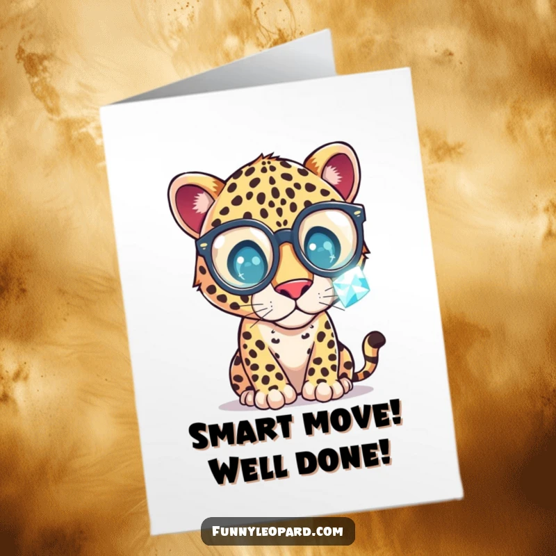 Funny Free Printable Congrats Card: A curious leopard in large glasses examines a shiny gemstone, symbolizing a bright discovery.