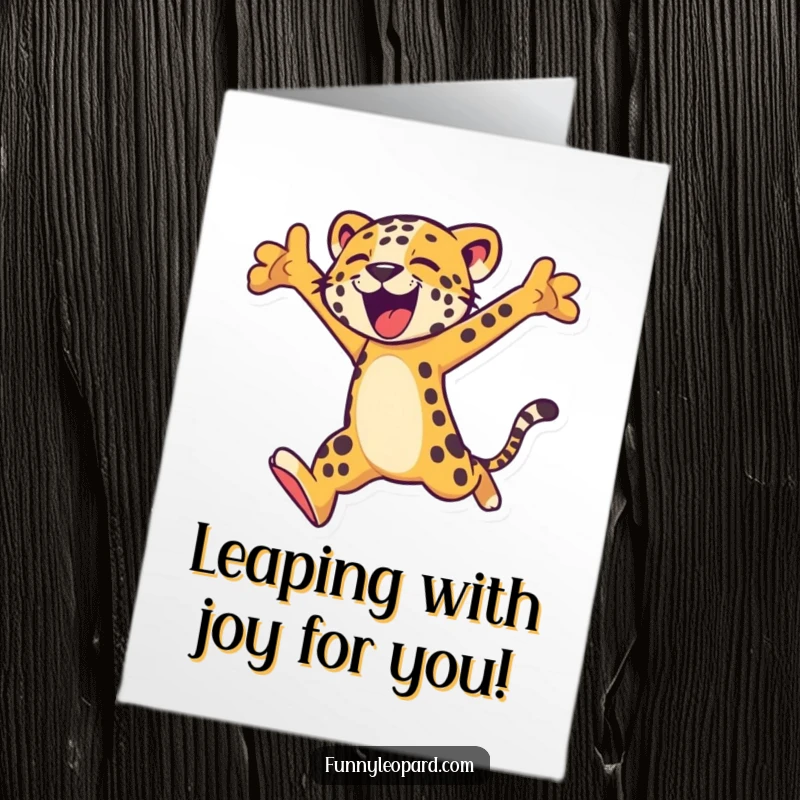 Funny Free Printable Congratulations Card: A stylized leopard character energetically leaps into the air, celebrating a win.
