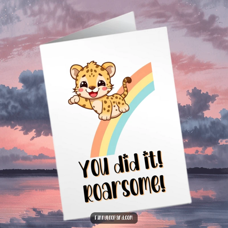Funny Free Printable Congrats Card: Joyful leopard slides down a rainbow, embodying pure celebratory excitement and good vibes.