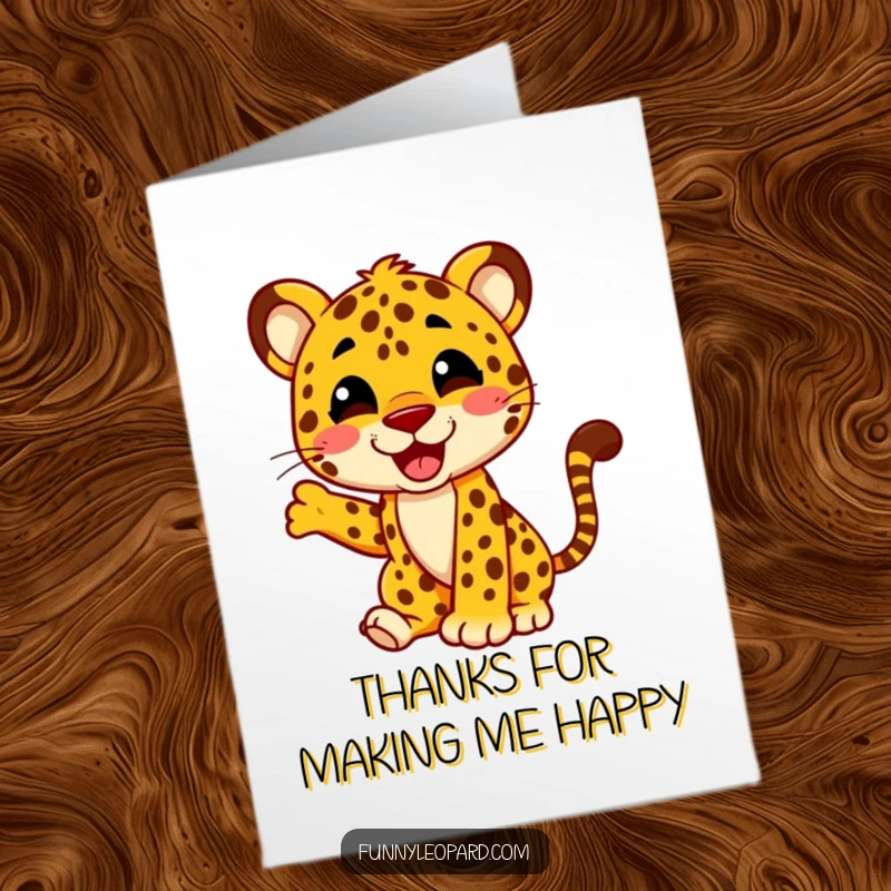 Free Printable Thank You Card with a leopard character energetically wagging its tail, showing immense, gleeful gratitude.