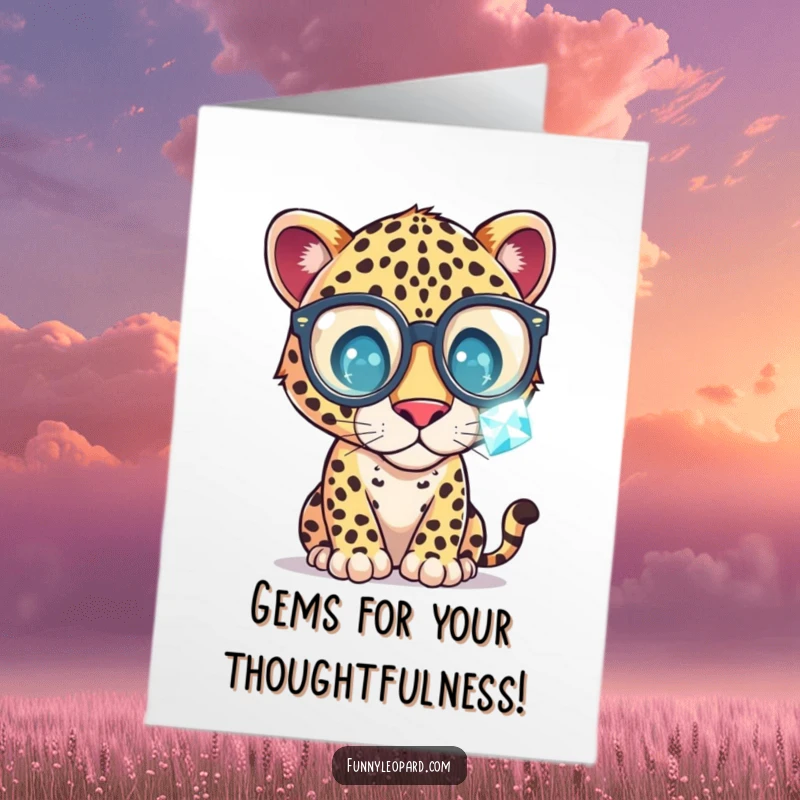 Funny Free Printable Thank You Card: Whimsical leopard with glasses peers closely at a sparkling gemstone, a symbol of unique appreciation.