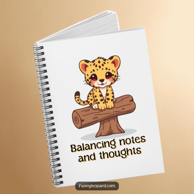 Funny notebook cover illustrating a leopard cub maintaining balance on a fallen log, ideal for note-taking and journaling.