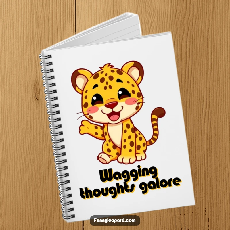 Funny notebook cover depicting a leopard character joyfully wagging its tail, ideal for jotting down happy notes and ideas.