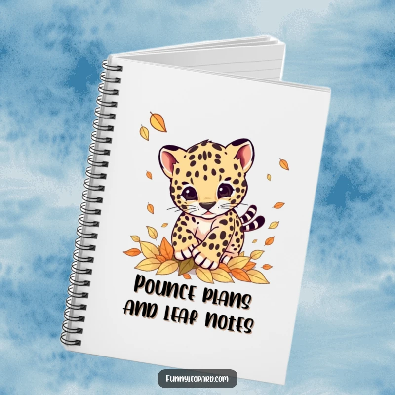 Funny notebook cover showcasing a playful leopard cub leaping into a pile of autumn leaves, inspiring creative writing and note-taking.