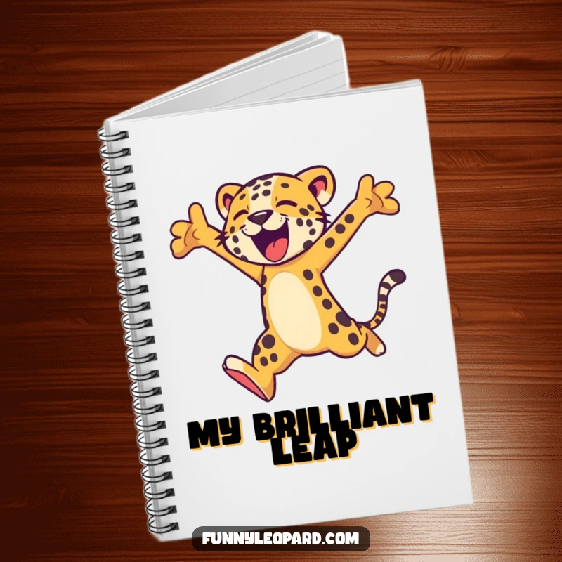 Funny notebook adorned with a stylized leopard in an energetic leap, ideal for jotting down thoughts and ideas.