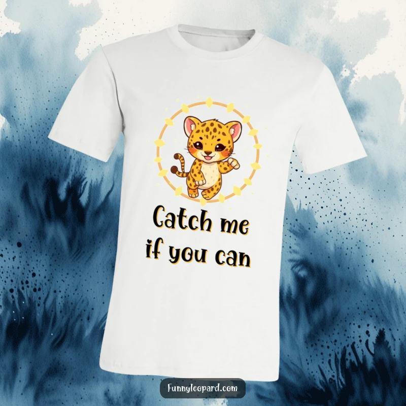 Funny T-Shirt showcasing a playful leopard cub mid-leap through a glowing hoop of fireflies, radiating energy and enchantment.