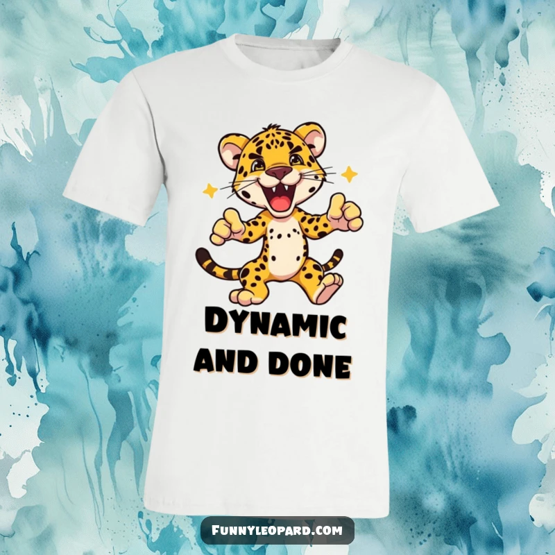 Funny t-shirt with an excited leopard character captured mid-dynamic pose, embodying strength, agility, and thrilling energy.