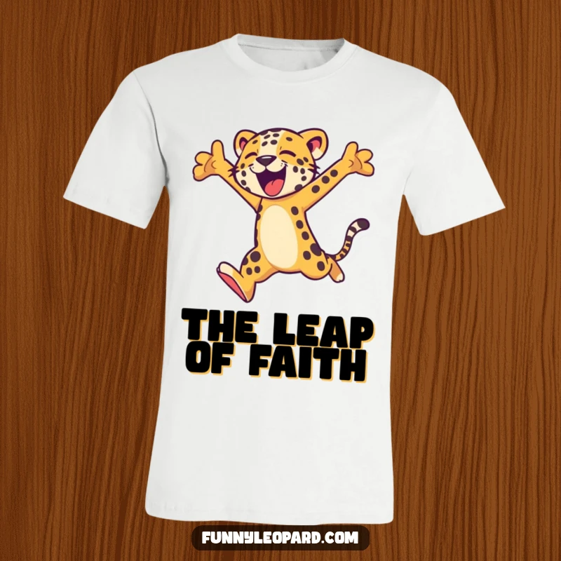 Funny t-shirt showcasing a stylized leopard character in a powerful, joyful, and energetic leap against a plain background.