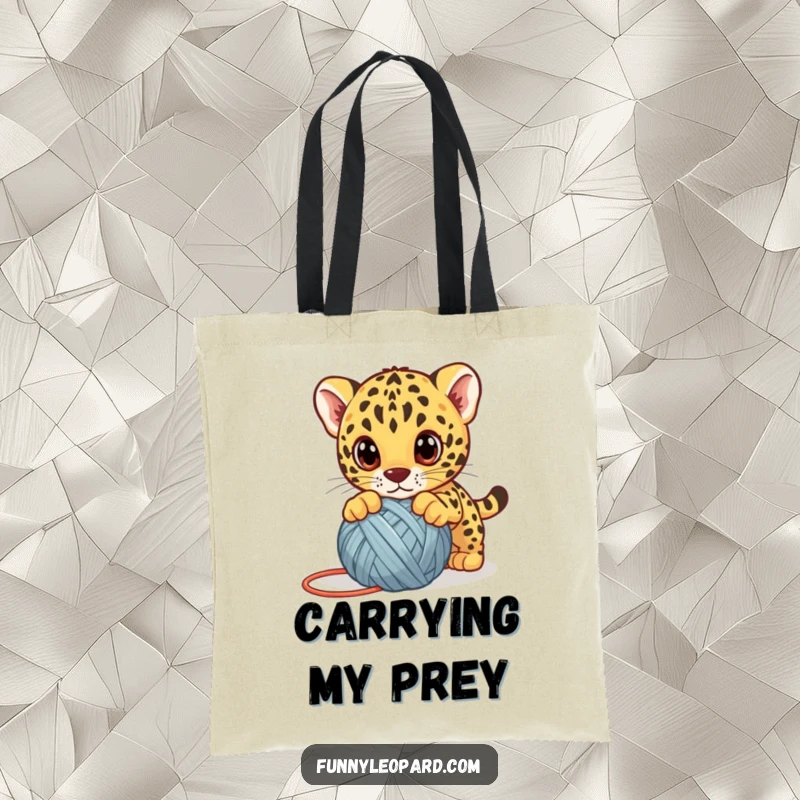 Funny leopard cub tote bag, a cute kitten playfully pouncing on a yarn ball with big eyes, practical and adorable.