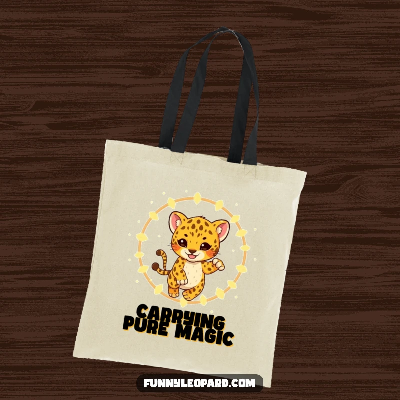 Funny Tote Bag with a playful leopard cub leaping through glowing fireflies, perfect for carrying essentials with a touch of whimsical magic.