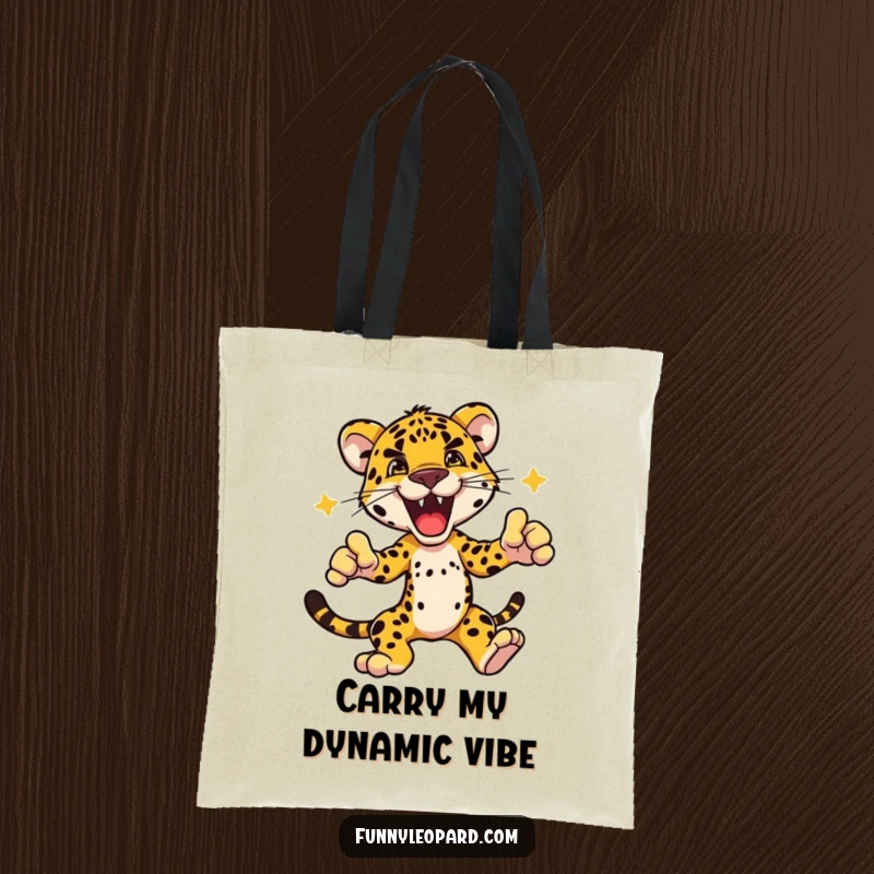 Funny tote bag featuring a powerful leopard character striking an exciting dynamic pose, designed for stylish and confident carrying.