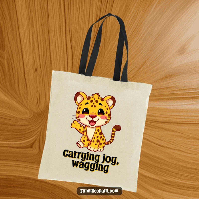 Funny tote bag depicting a happy leopard character energetically wagging its tail, designed for carrying happiness and everyday items.