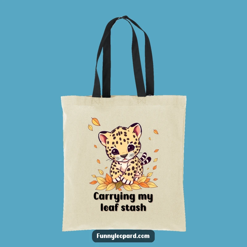 Funny Leopard Cub Pouncing Leaves Tote Bag: Adorable Autumn Carryall