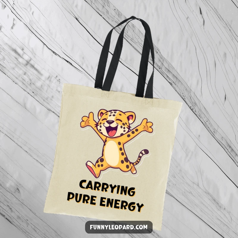 Funny tote bag illustrating a stylized leopard character in a dynamic, joyful leap, perfect for carrying essentials with flair.